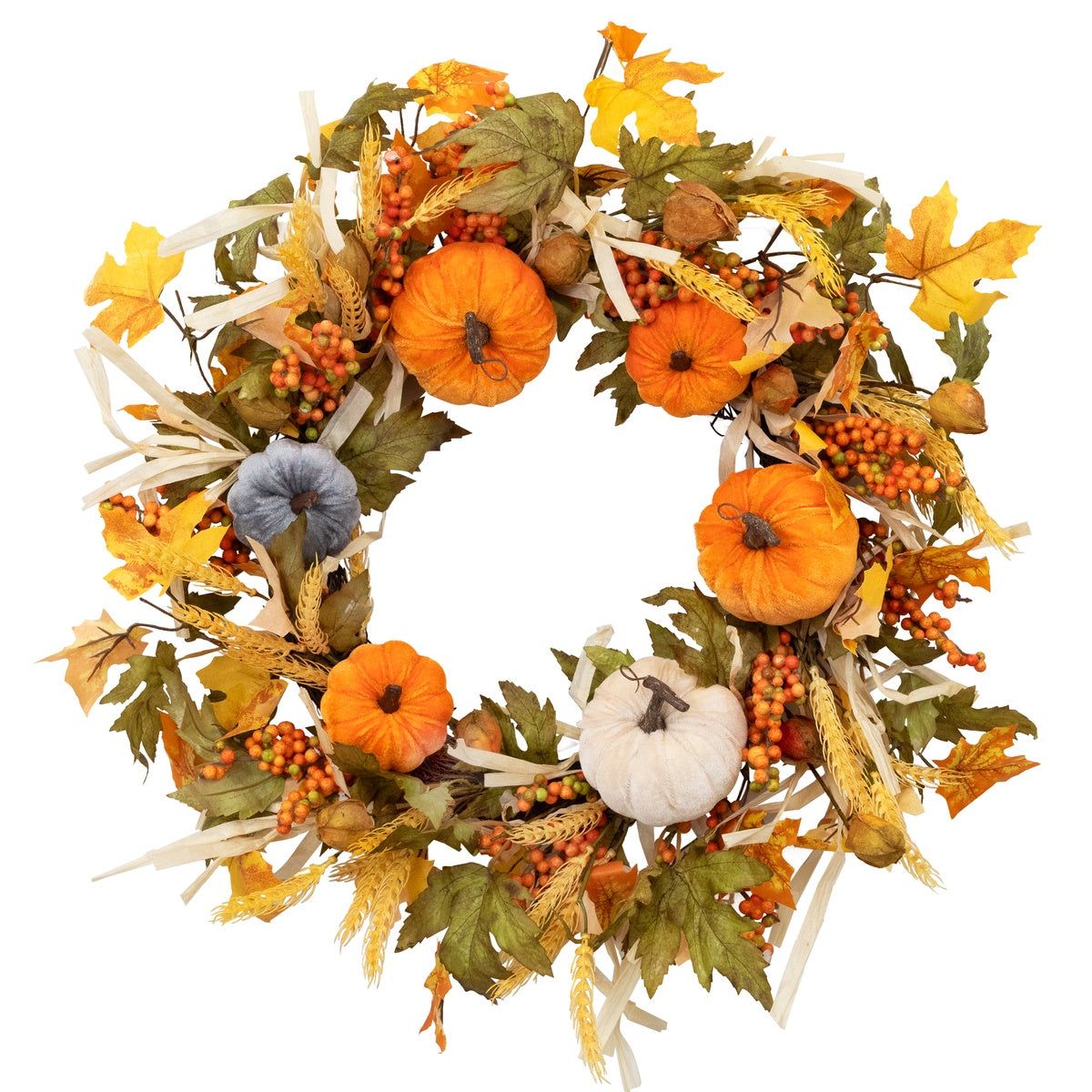  Northlight Velvet Pumpkins and Wheat Artificial Fall Harvest Wreath - 24-Inch  Unlit - Default Title - Bonton