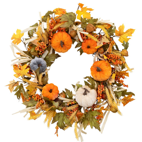 Velvet Pumpkins and Wheat Artificial Fall Harvest Wreath - 24-Inch  Unlit