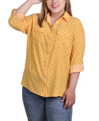 Plus Size 3/4 Sleeve Roll Tab Notch Collar Blouse