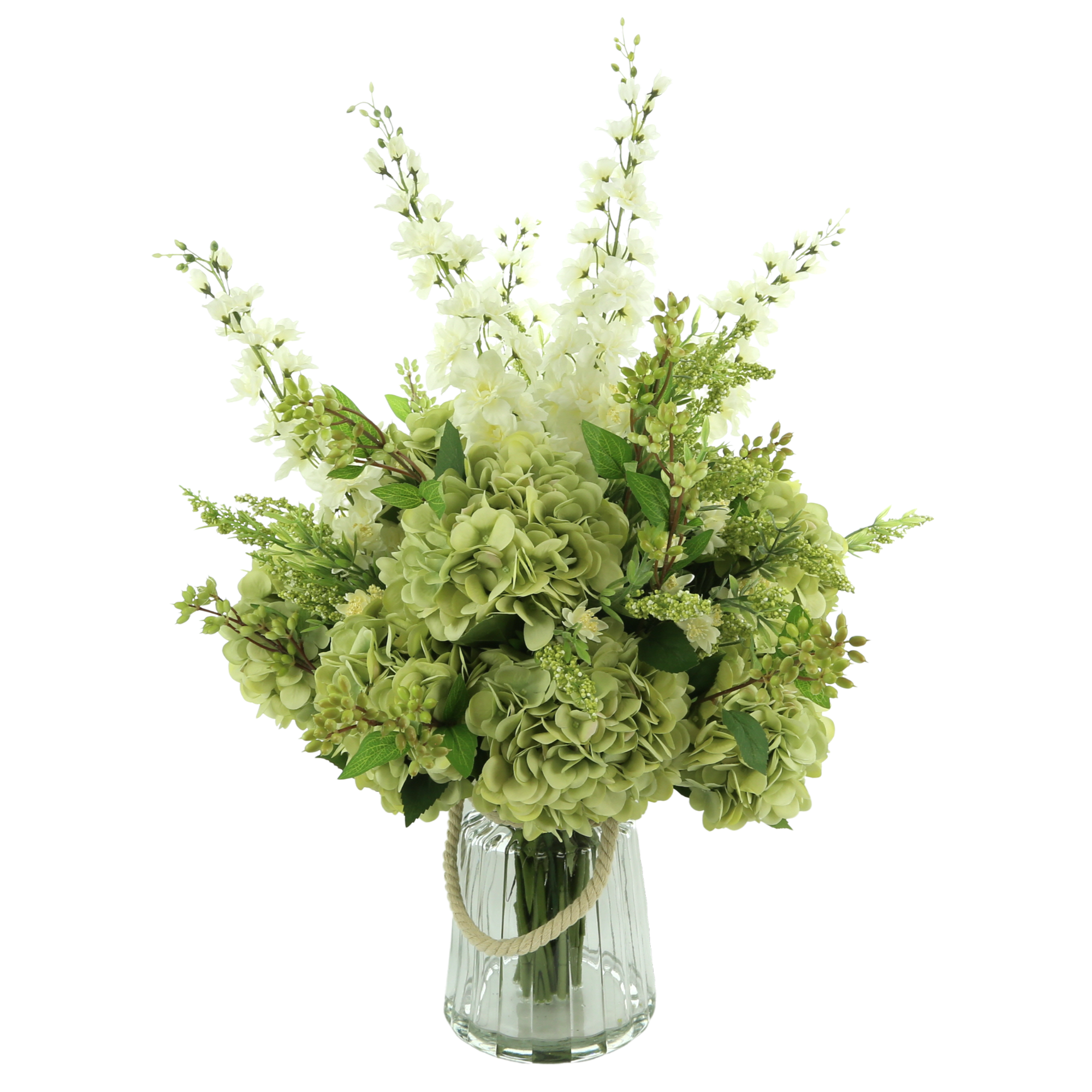  Creative Displays Hydrangeas, Heather and Delphinium in a Glass Vase with Rope - Green - Bonton