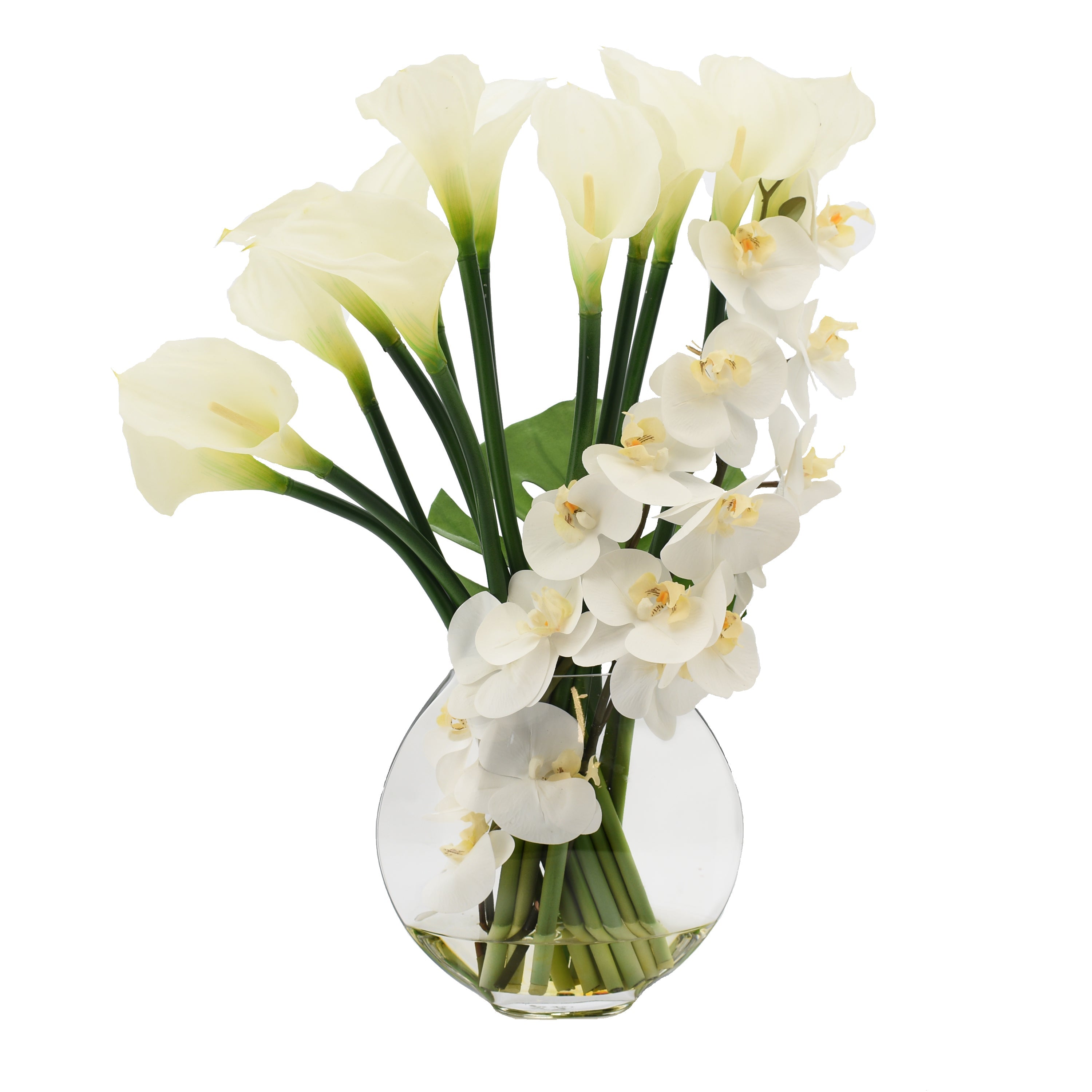  Creative Displays Orchids, Calla Lily and Philodendron Leaves Arranged in a Clear Circular Glass Vase - White - Bonton