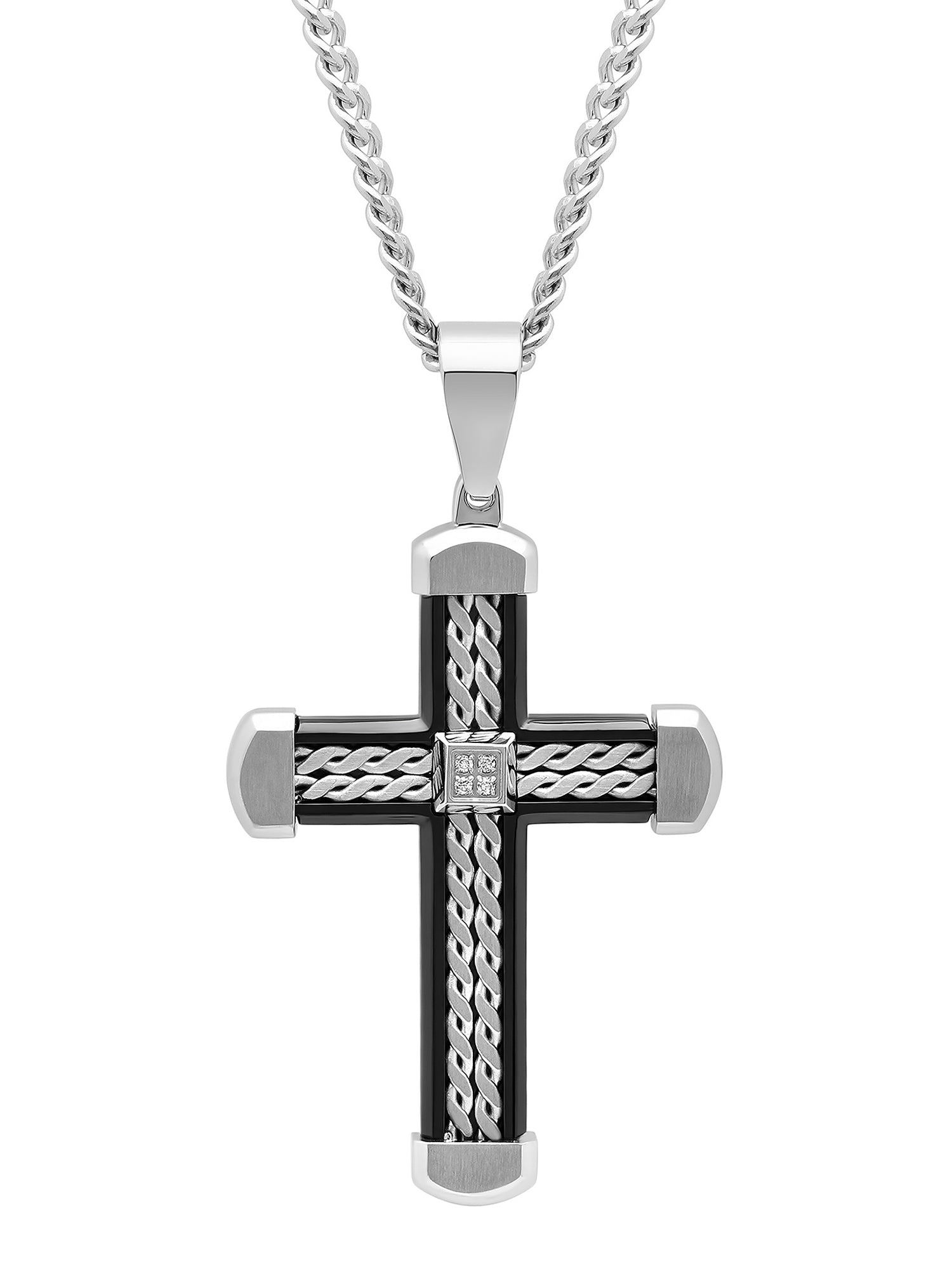  Steel Nation .03Ctw Stainless Steel With Black Ip Braid Design Cross Pendant - Silver\Black - Bonton