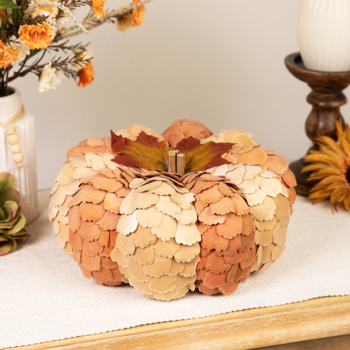  Northlight Fall Harvest Layered Wooden Leaves Pumpkin - 10