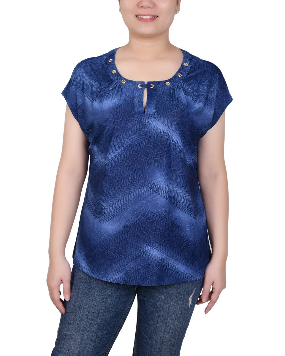  NY Collection Extended Sleeve Top With Grommets - Emerald Waves - Bonton