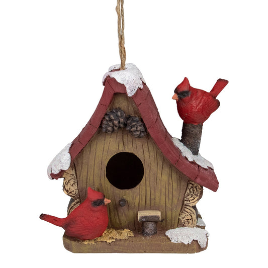 7" Brown and Red Birdhouse With Cardinals Hanging Christmas Decoration