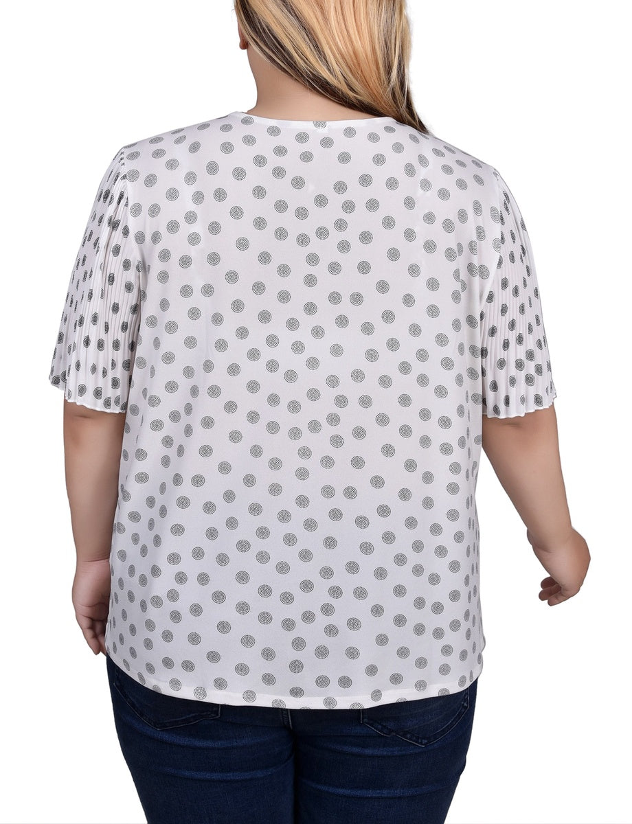  NY Collection Plus Size Pleated-Sleeve Top - White Black Dotcircles - Bonton