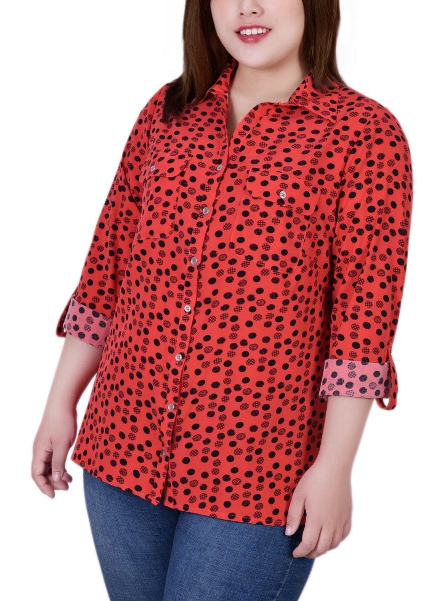  NY Collection Plus Size 3/4 Sleeve Roll Tab Notch Collar Blouse - Black And Doeskin Floral Iconi - Bonton