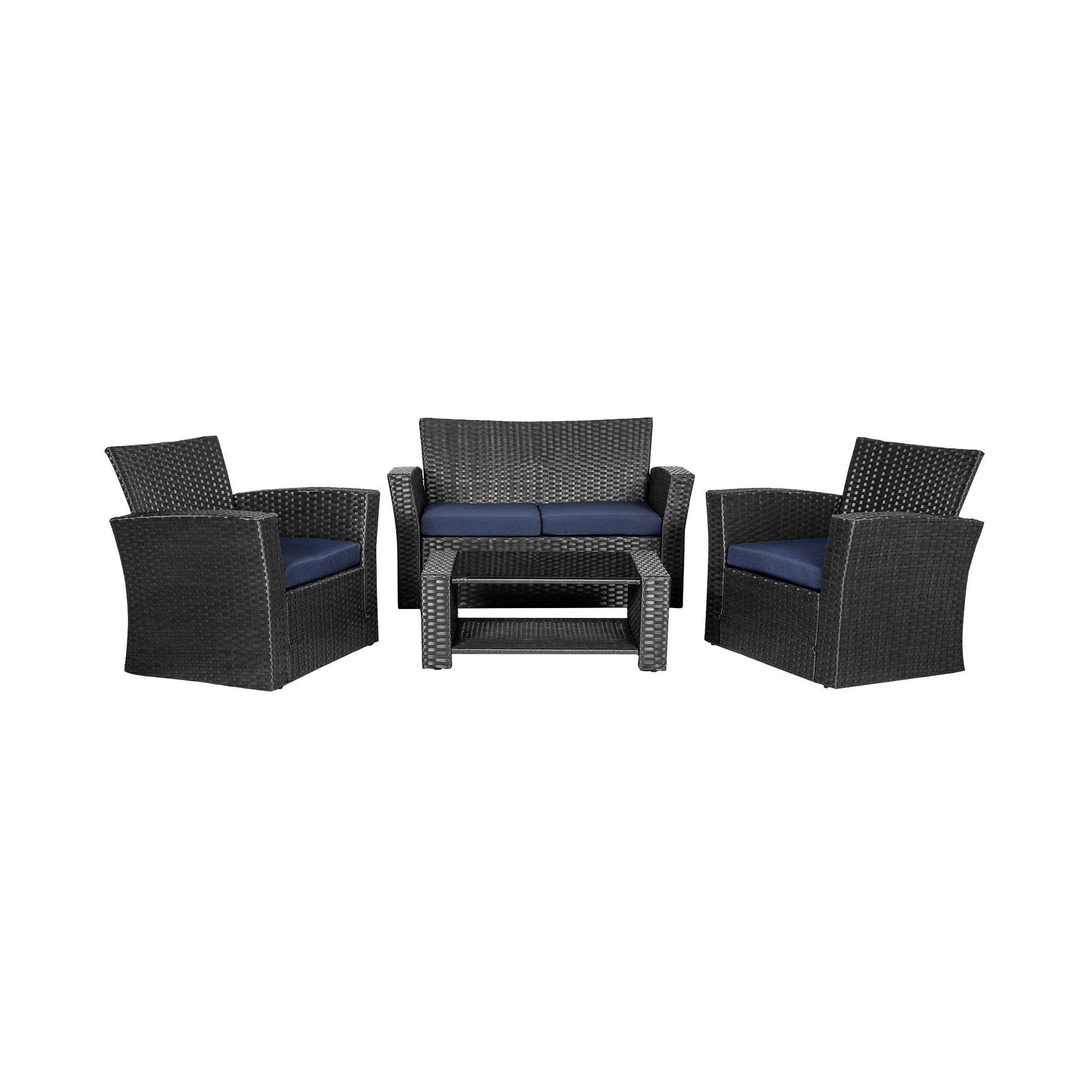  Westin Furniture 4-Piece Outdoor Patio Conversation Sofa Set with Cushions - Black/Navy Blue - Bonton