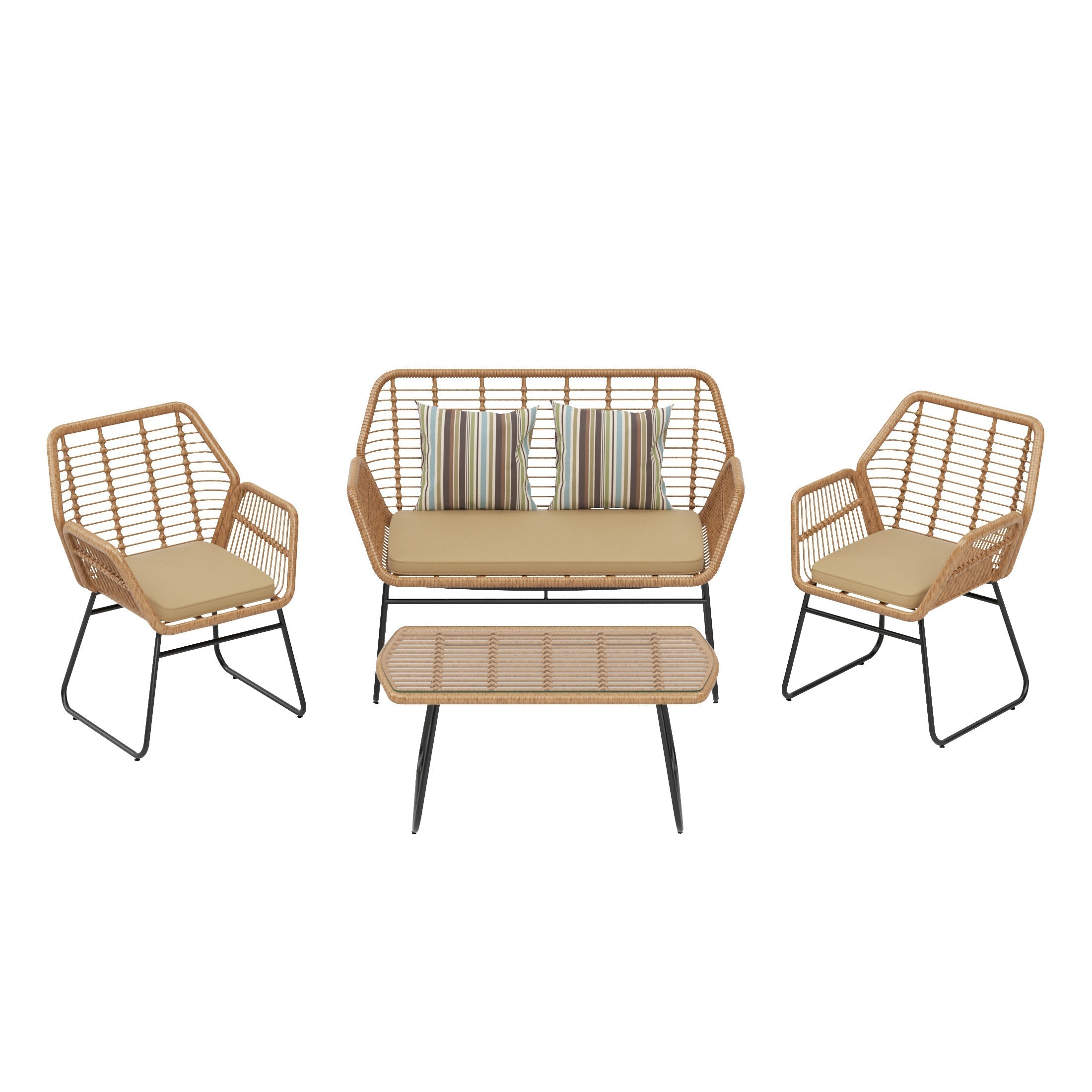  Westin Furniture 4-Piece Outdoor Patio Rattan Wicker Conversation Set - Beige - Bonton