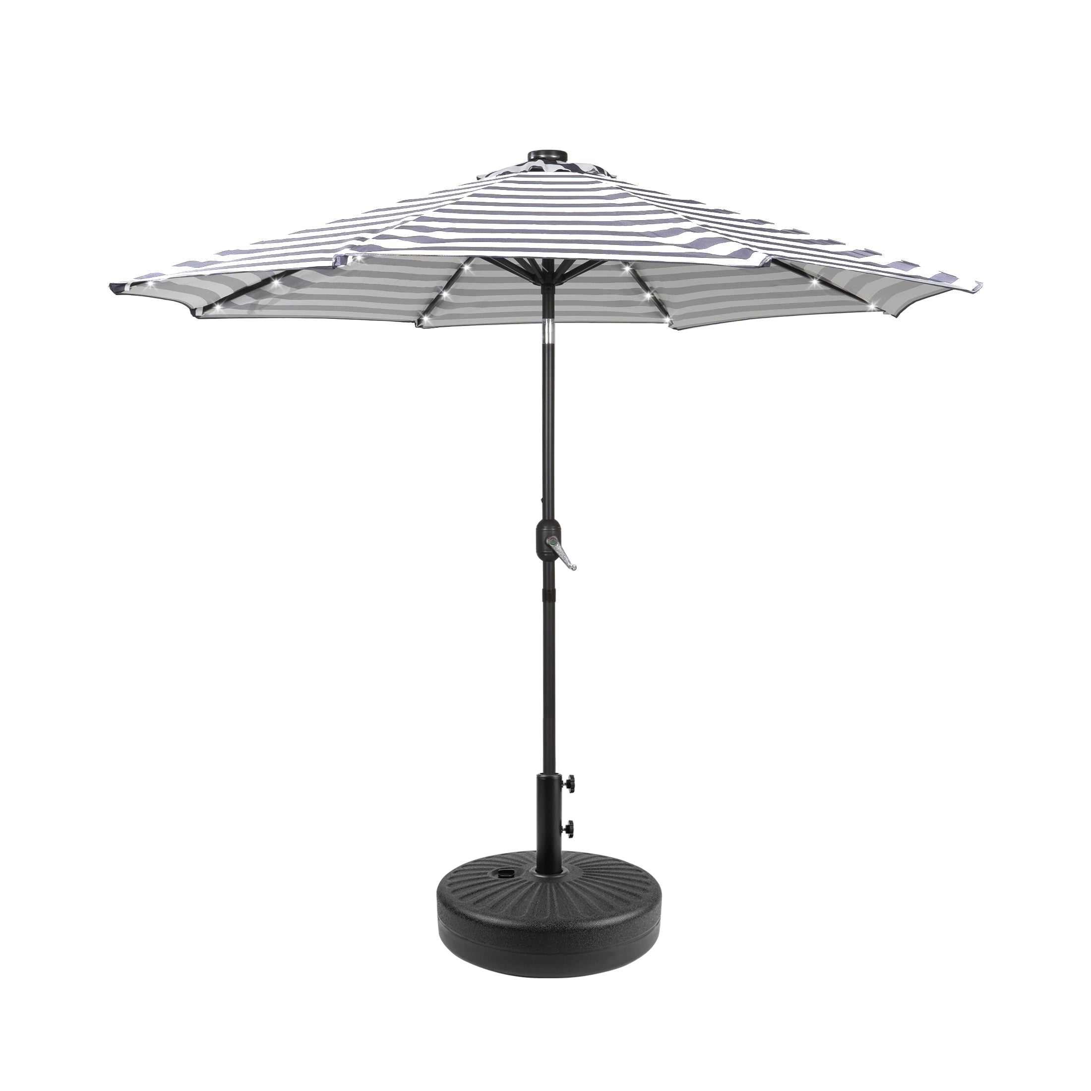  Westin Furniture 9 ft Outdoor Patio Solar LED Market Umbrella with Black Round Base - Gray/White Stripe - Bonton