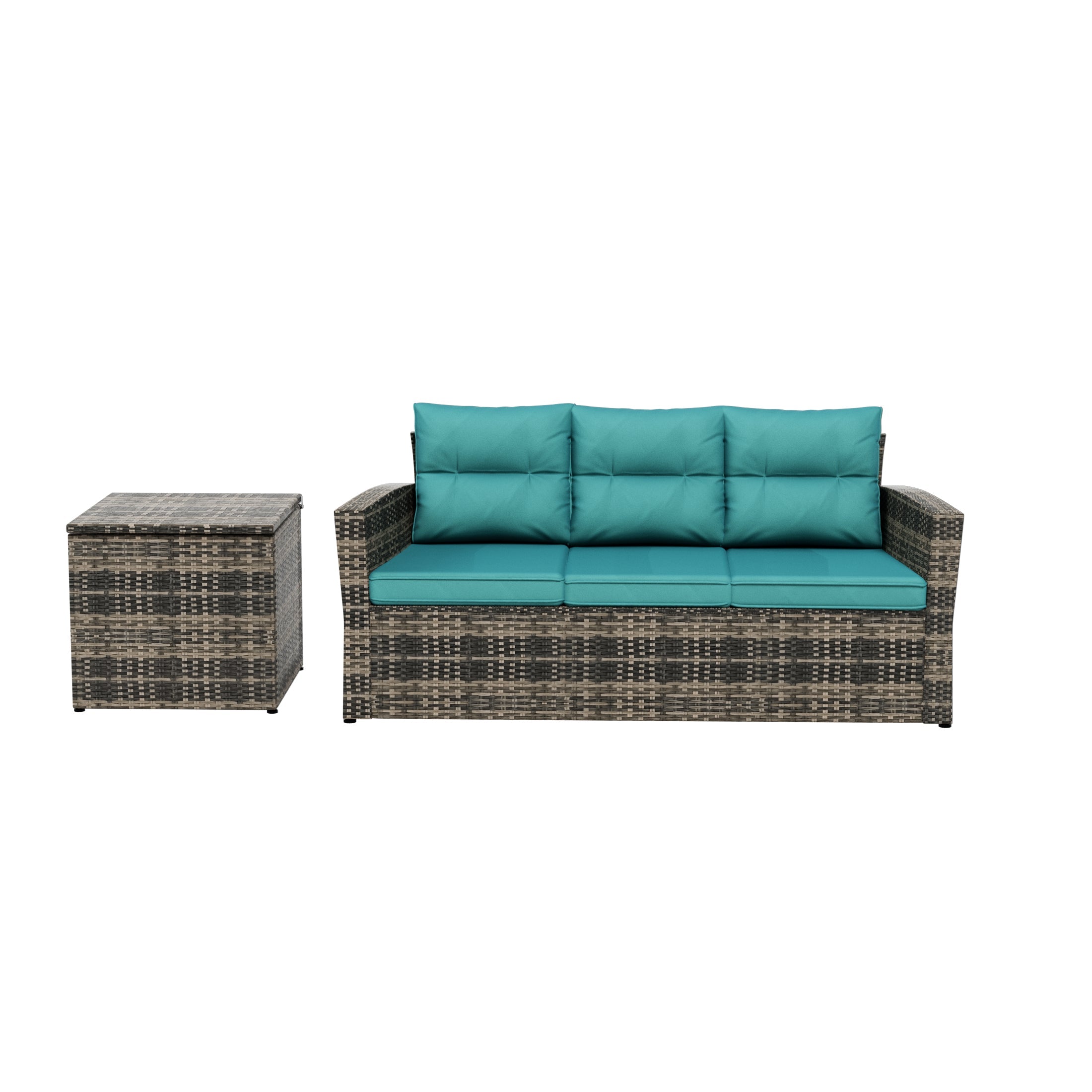  Westin Furniture Madore Sofa & Side Table Rattan Seating Group with Cushion - Brown/Turquoise - Bonton