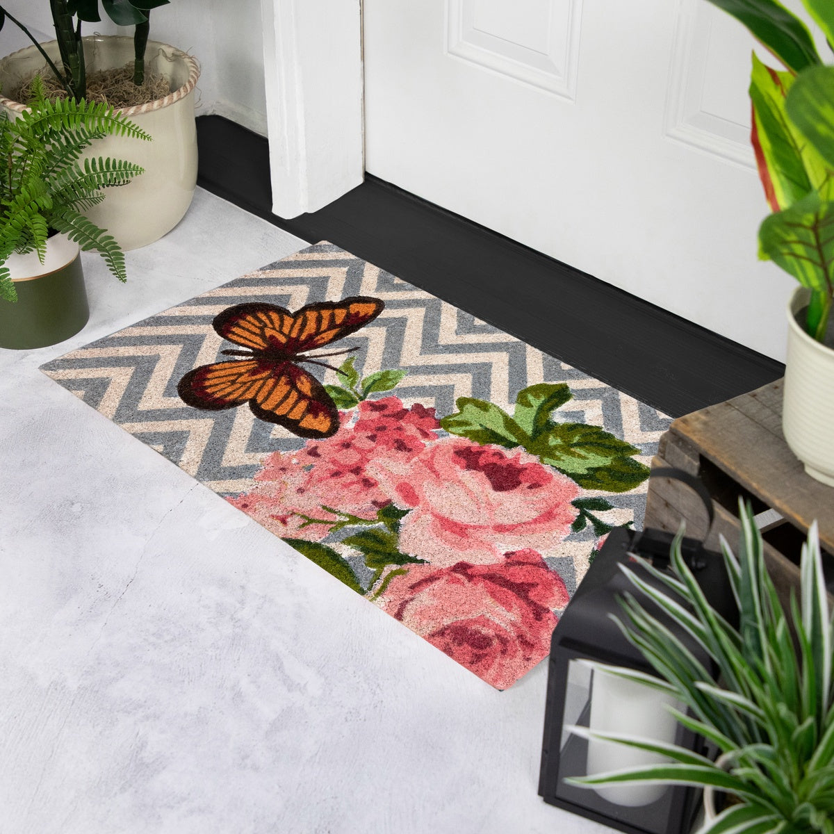  Northlight Coir Rose With a Butterfly Chevron Spring Door Mat 18