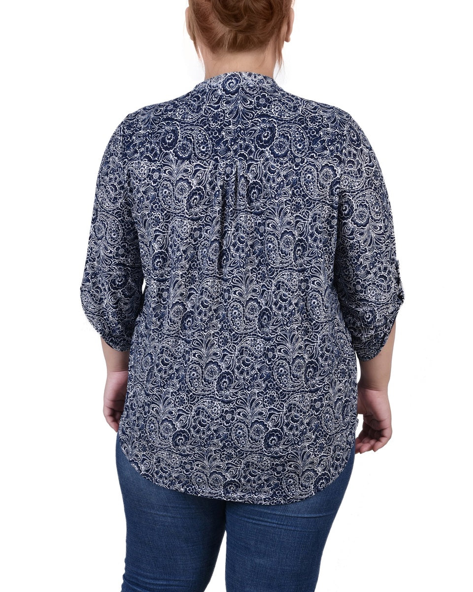  NY Collection Plus Size 3/4 Roll Tab Sleeve Y Neck Top - Grey Floral - Bonton