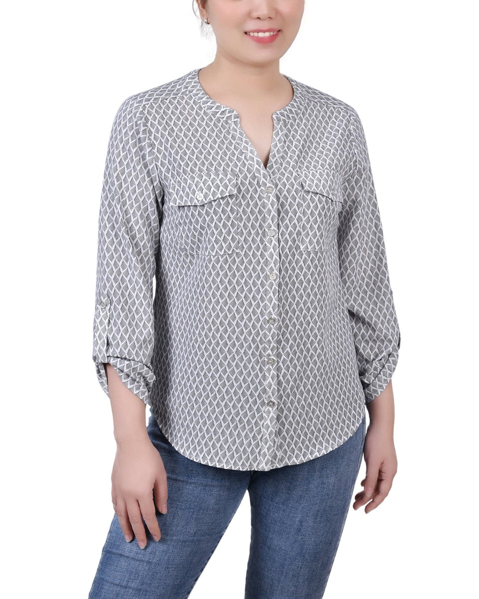  NY Collection Petite 3/4 Sleeve Roll Tab Y Neck Blouse - Black White Abstract - Bonton