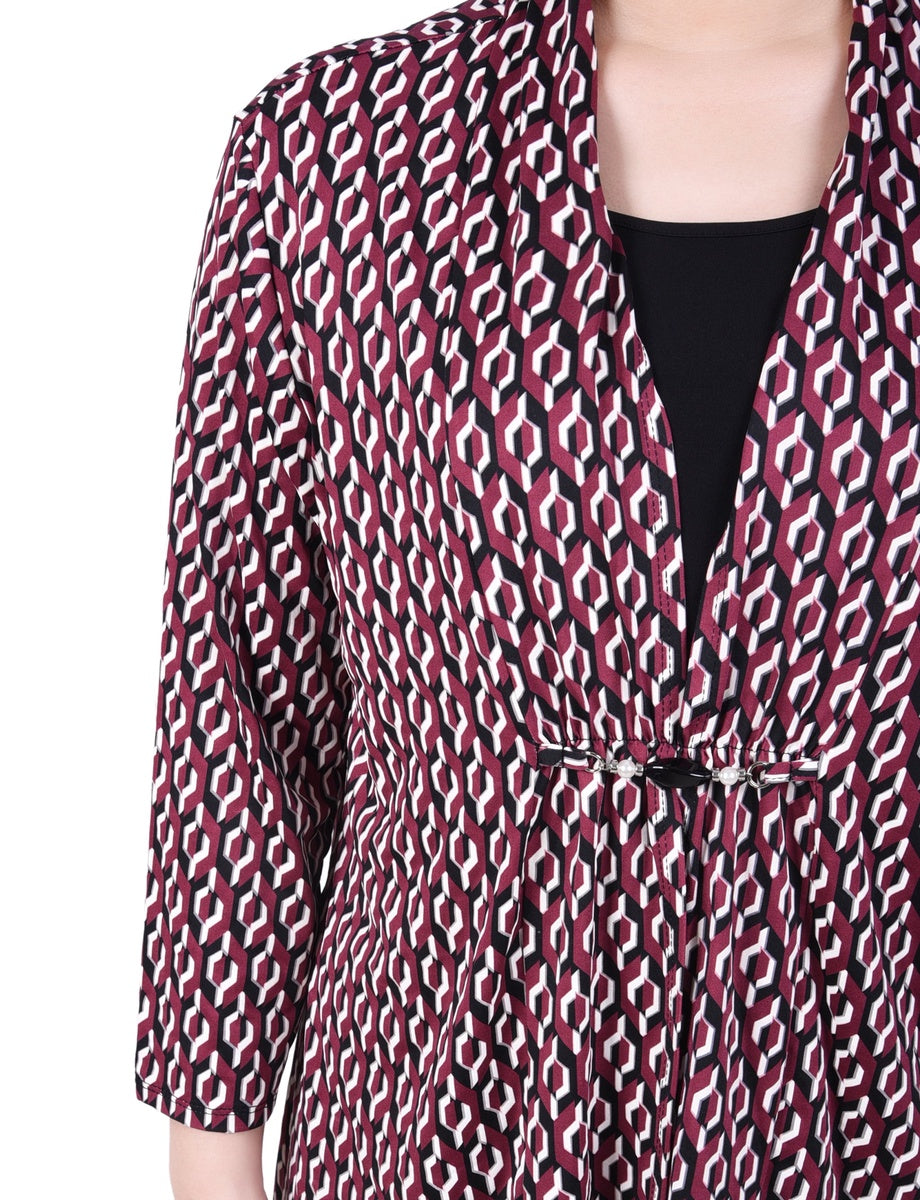 NY Collection Petite Puff Print 3/4 Sleeve Two-Fer Top - Jester Red Ivory Geo - Bonton