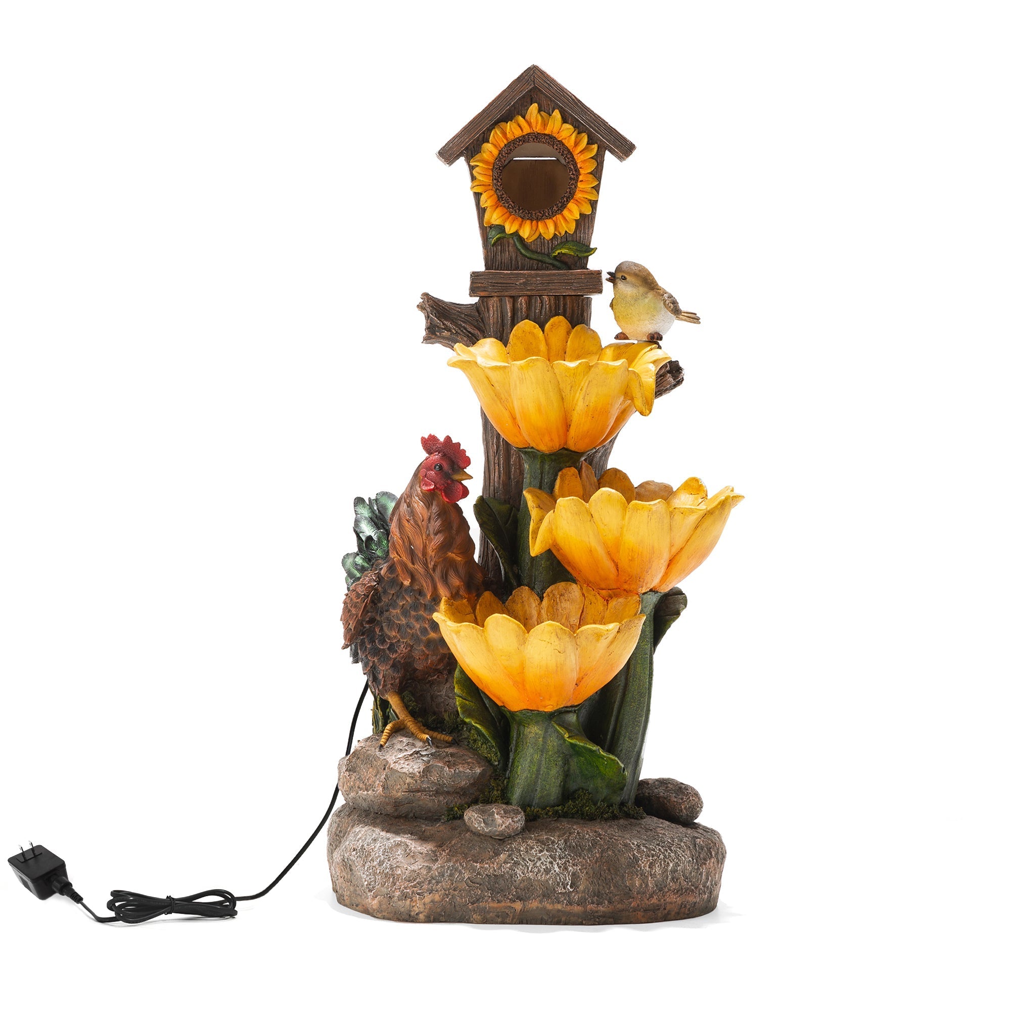  Glitzhome Farmhouse Sunflowers and Birdhouse Fountain with Light - Multi - Bonton