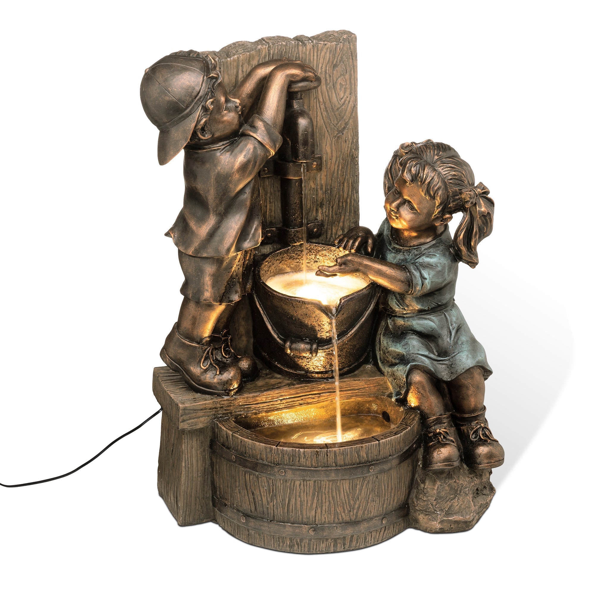  Glitzhome Boy and Girl Outdoor Fountain with LED Lights - Gray - Bonton