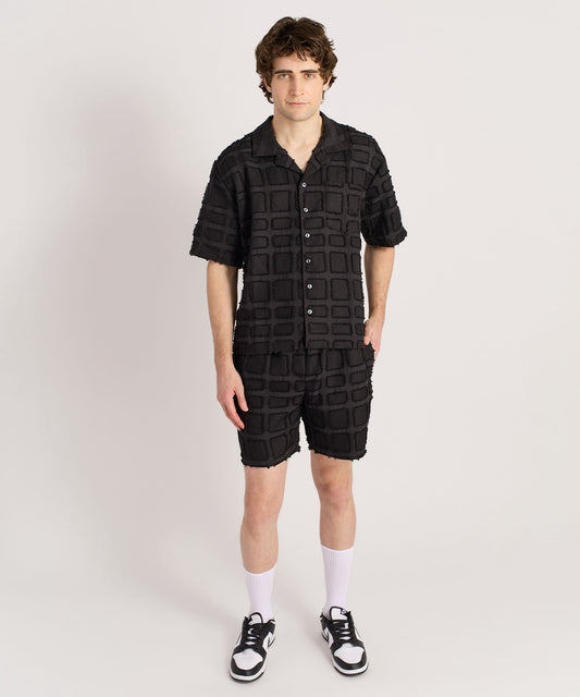 Textured Short Sleeve Button Down Shirt - Black