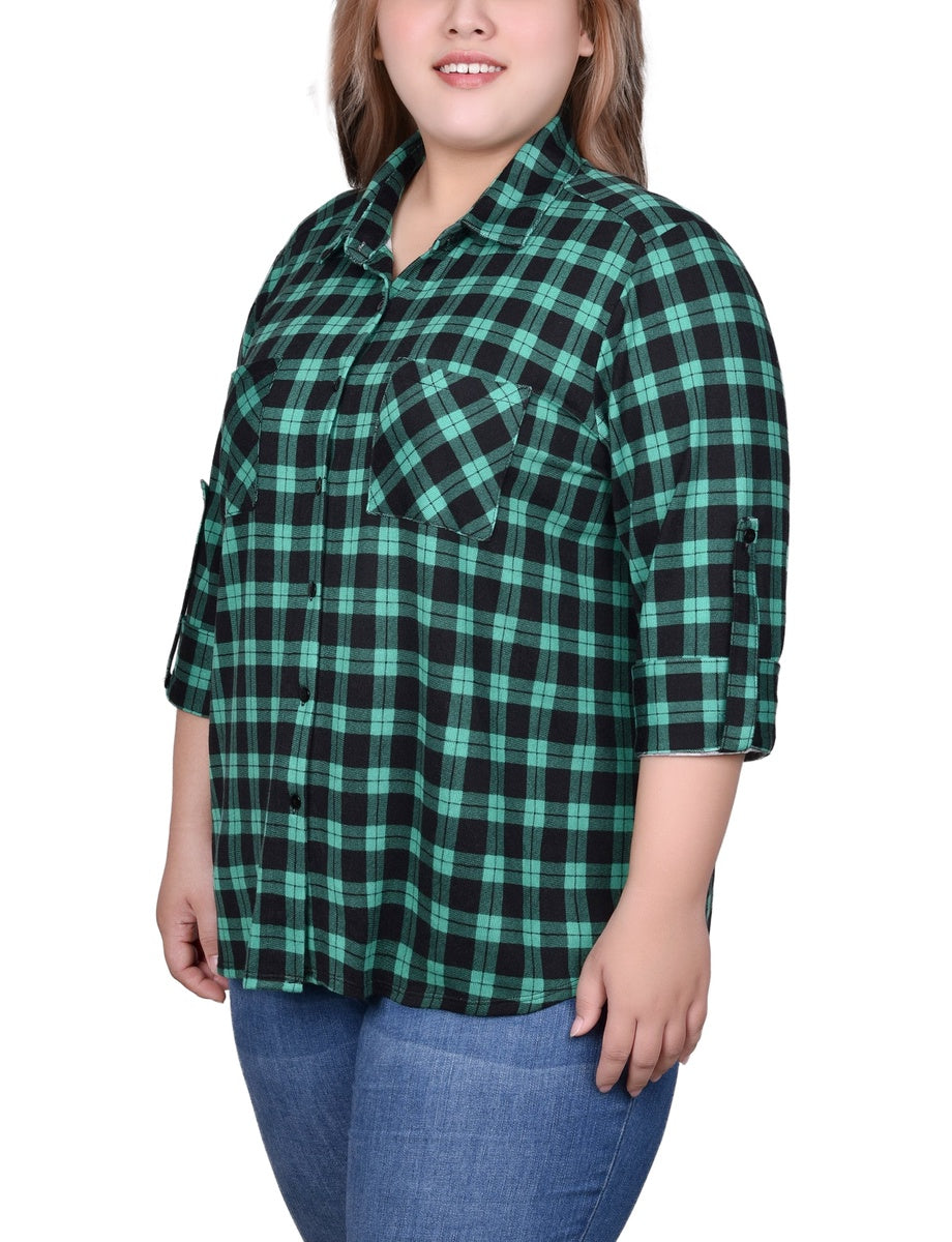  NY Collection Plus Size Long Sleeve Button Front Tunic Top - Rust Denim Plaid - Bonton