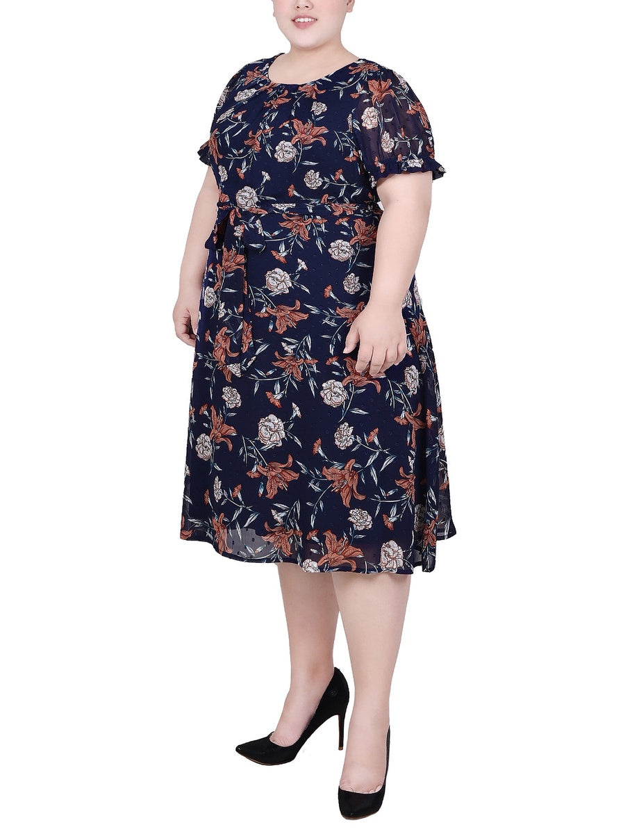  NY Collection Plus Size Short Sleeve Belted Swiss Dot Dress - Mellow Rose Rectangle - Bonton