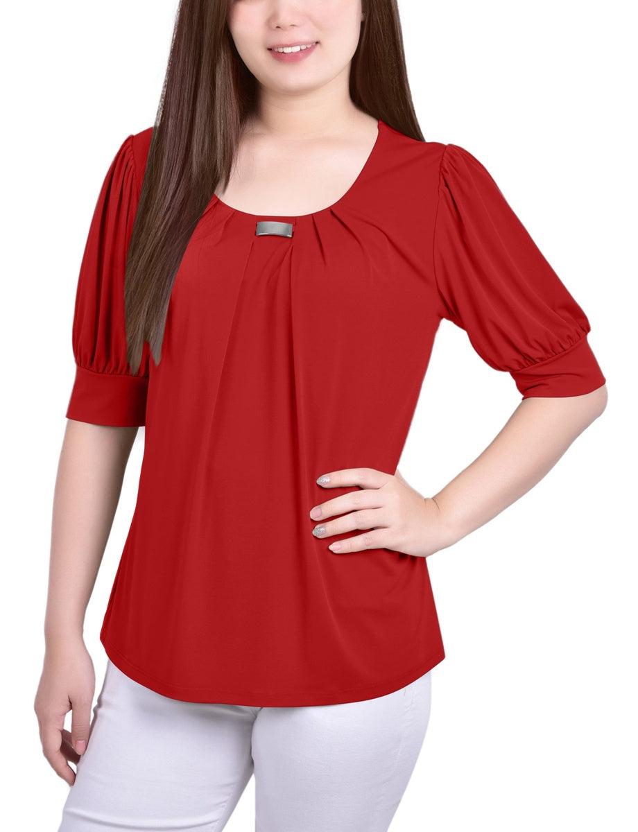  NY Collection Short Sleeve Balloon Sleeve Top With Hardware - Black - Bonton