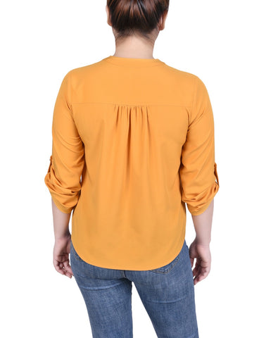 Long Tab-Sleeve Blouse With Pockets