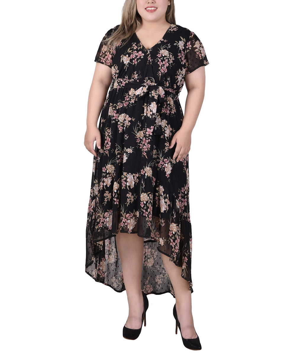  NY Collection Plus Size Short Sleeve Hankerchief Hem Chiffon Dress - Black Mauve Floral - Bonton