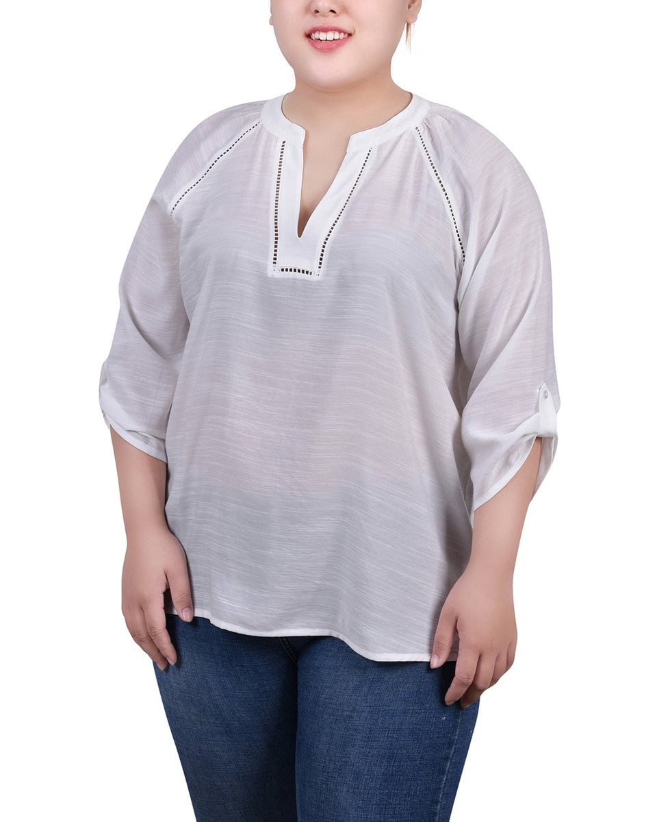  NY Collection Plus Size Raglan Sleeve Split Neck Blouse - Black - Bonton