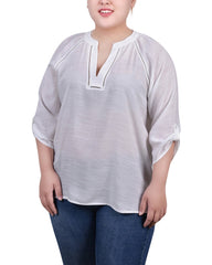 Plus Size Raglan Sleeve Split Neck Blouse