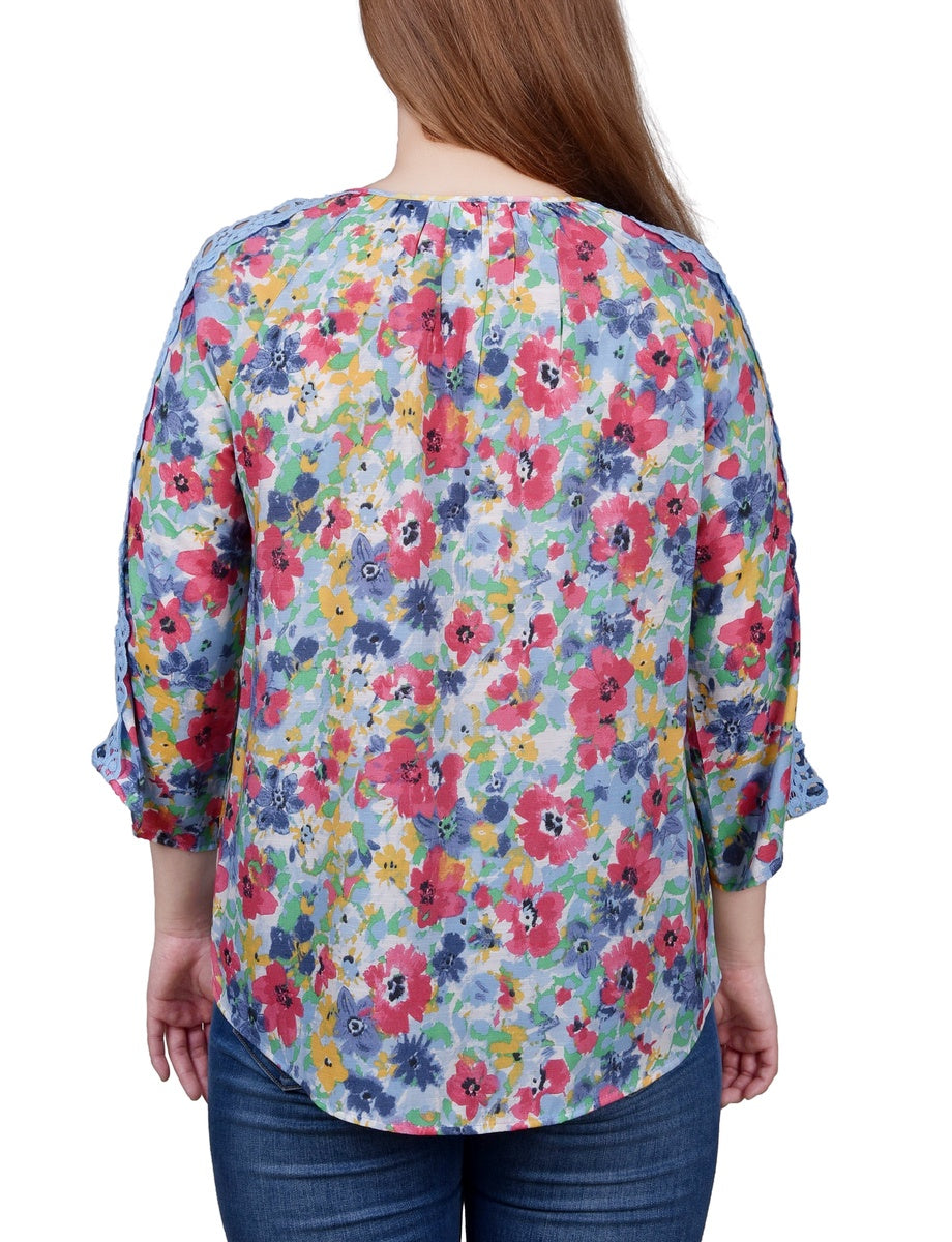  NY Collection 3/4 Sleeve Crochet Detail Blouse - Blue - Bonton