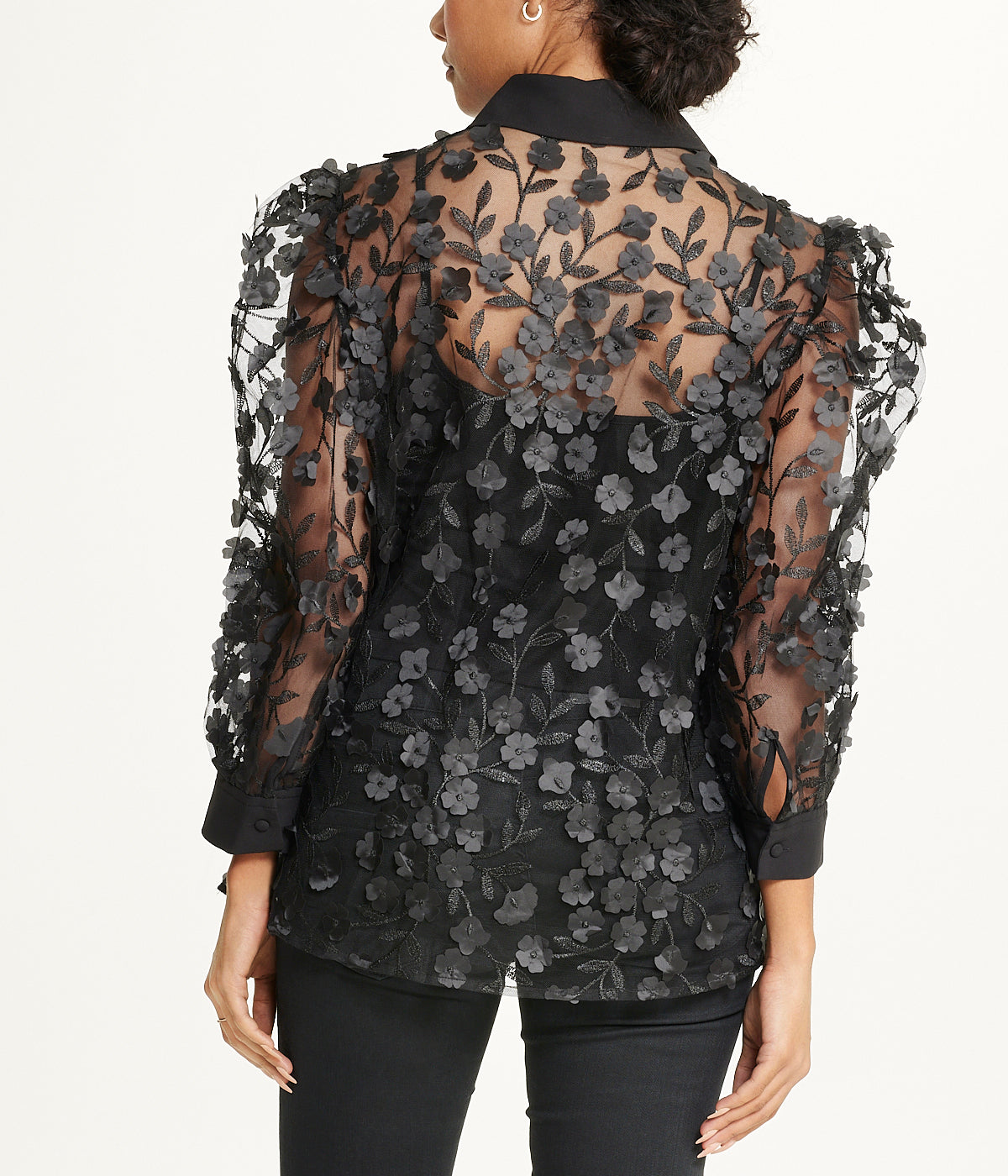  Anne Klein 3/4 Sleeve Floral Applique Blouse With Fabric Mix Apllique Emroidered Tulle CDC - Anne Black - Bonton