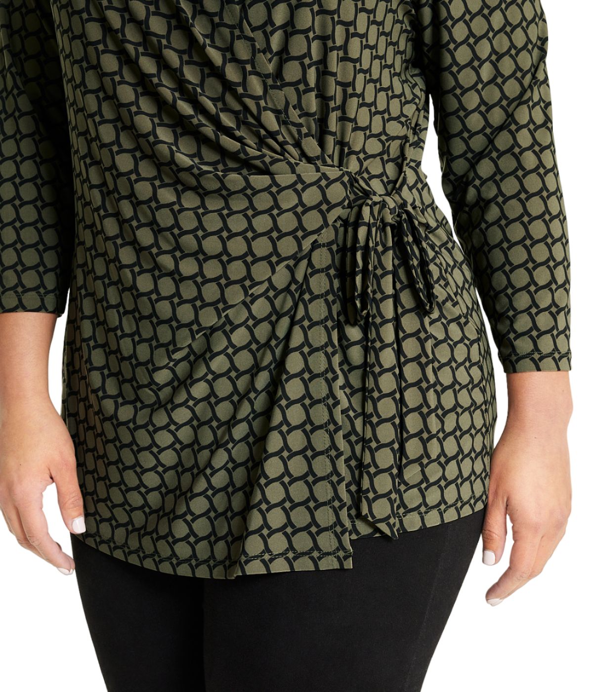  Anne Klein Printed ITY 3/4 Sleeve Wrap Top - Kelp/Anne Black - Bonton