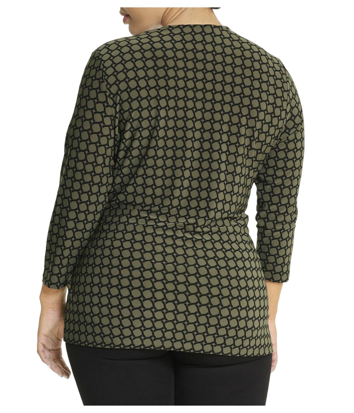  Anne Klein Printed ITY 3/4 Sleeve Wrap Top - Kelp/Anne Black - Bonton