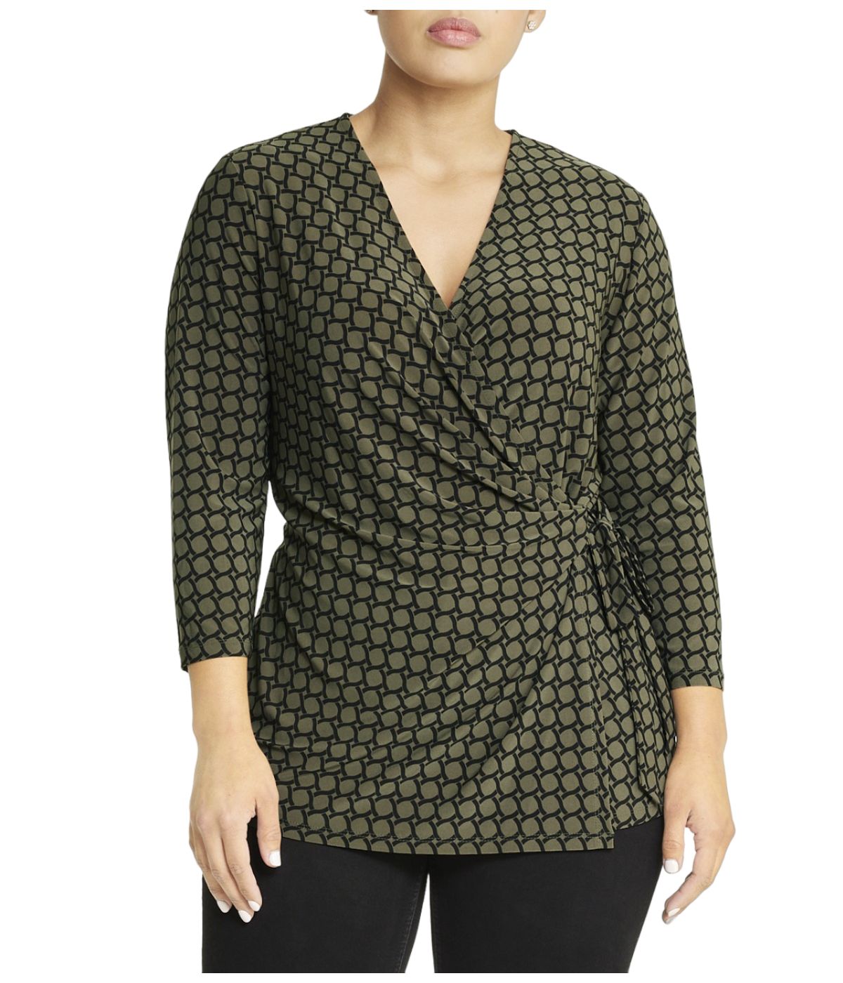  Anne Klein Printed ITY 3/4 Sleeve Wrap Top - Kelp/Anne Black - Bonton