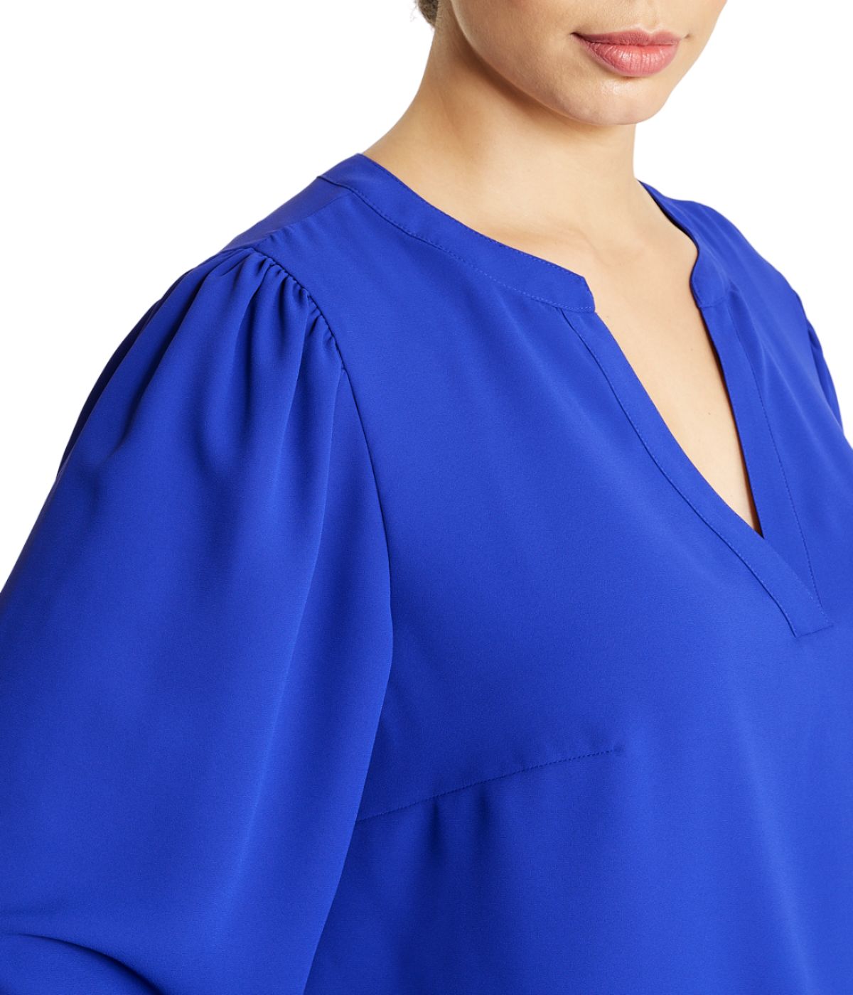  Anne Klein Plus Size Split Neck High Low Long Sleeve Blouse in Royal Sapphire - Royal Sapphire - Bonton