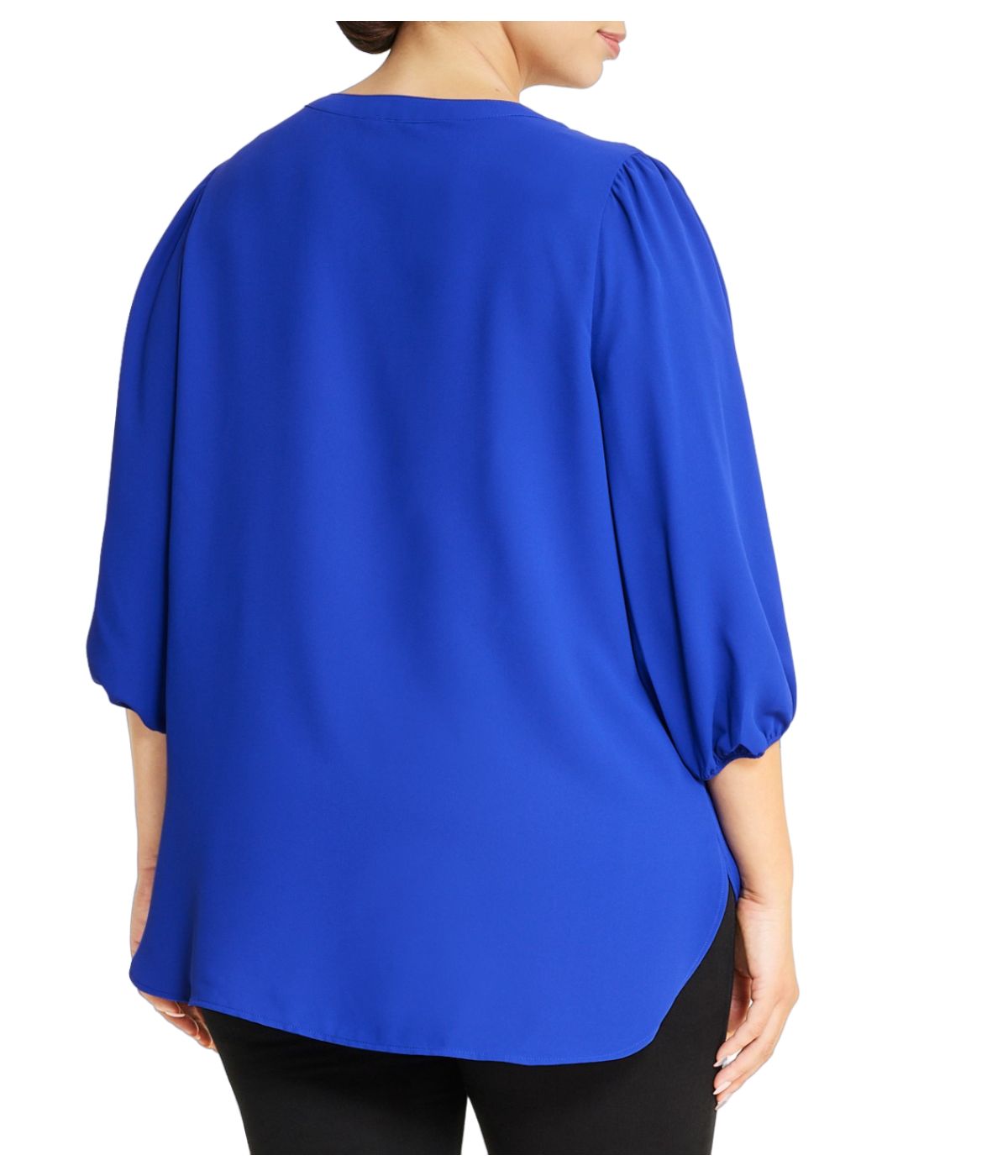  Anne Klein Plus Size Split Neck High Low Long Sleeve Blouse in Royal Sapphire - Royal Sapphire - Bonton