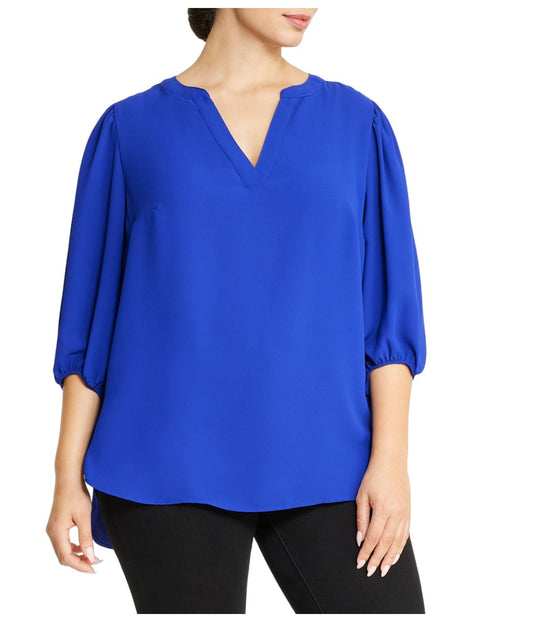 Plus Size Split Neck High Low Long Sleeve Blouse in Royal Sapphire