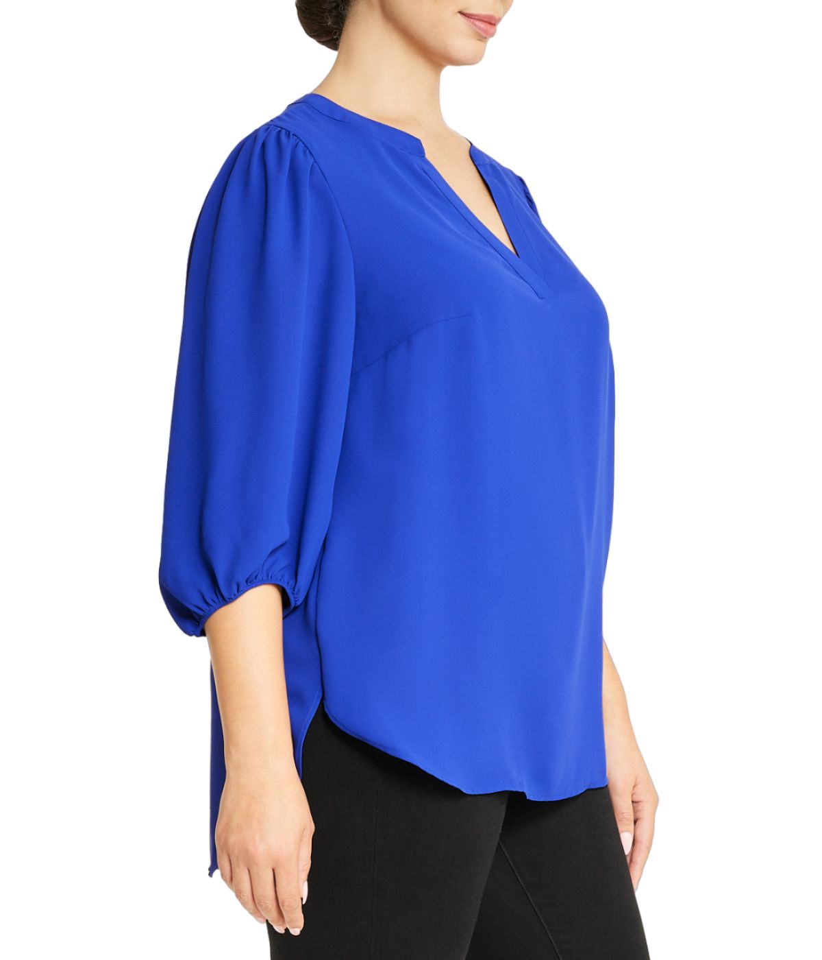  Anne Klein Plus Size Split Neck High Low Long Sleeve Blouse in Royal Sapphire - Royal Sapphire - Bonton