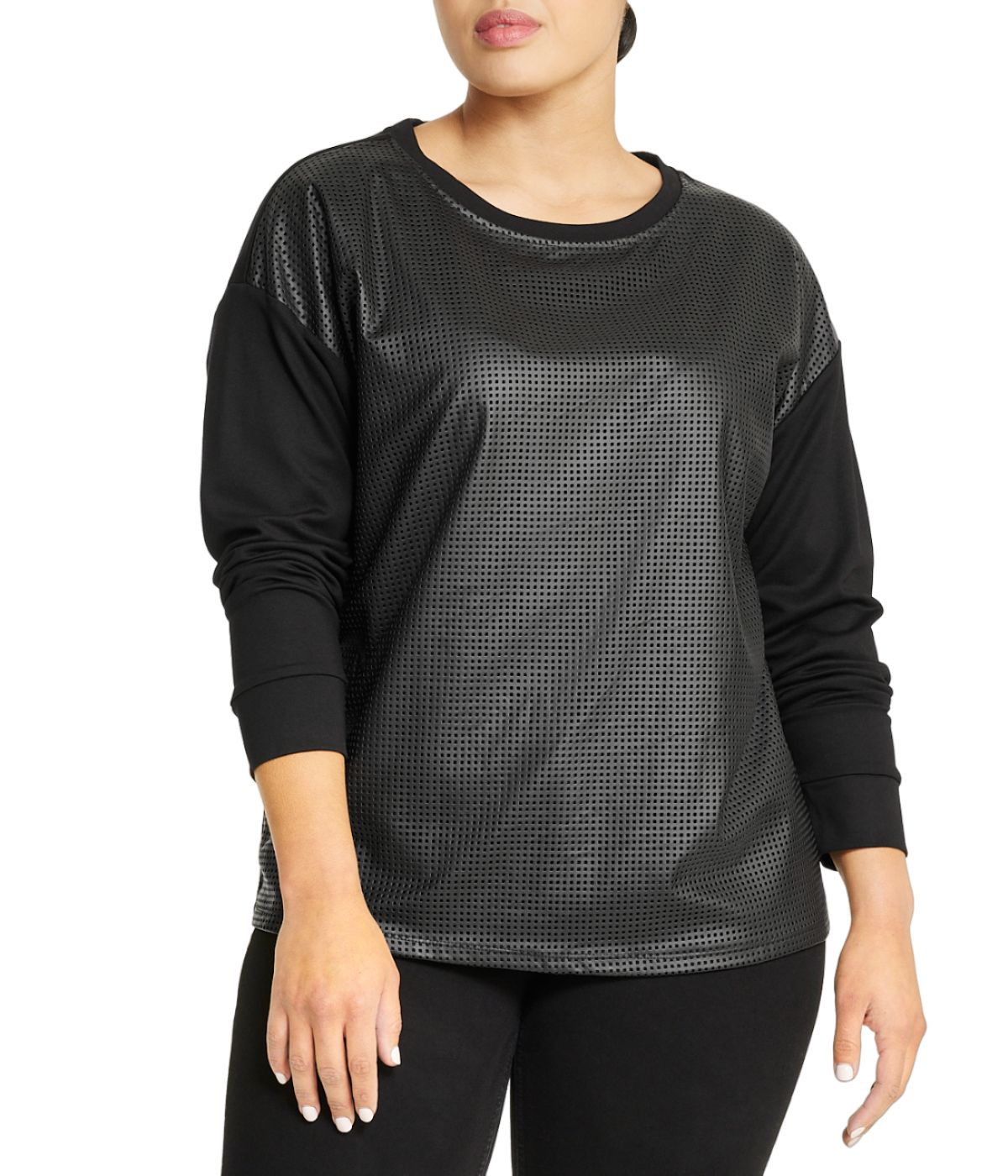  Anne Klein Long Sleeve Serenity Faux Leather Top- Plus Size - Anne Black - Bonton