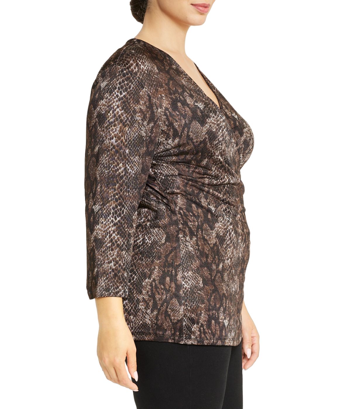  Anne Klein Plus Size 3/4-Sleeve Snake Marl Wrap Top - Brown Combo - Bonton