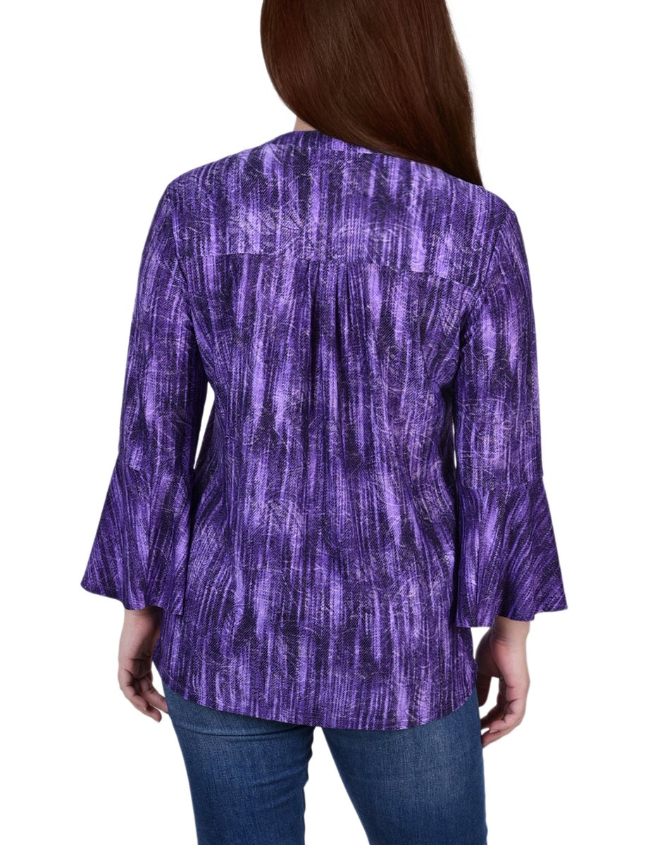  NY Collection 3/4 Bell Sleeve Pleat Front Y Neck Top - Mauve Tie Dye - Bonton