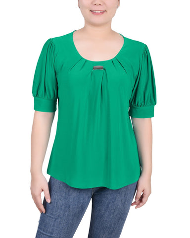 Short Sleeve Balloon Sleeve Top With Hardware