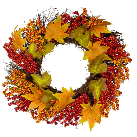 Maple Leaf and Berry Twig Artificial Fall Harvest Wreath  22-Inch