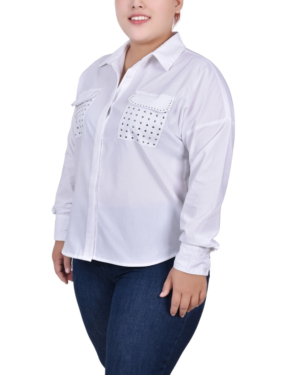  NY Collection Plus Size Long Sleeve Hidden Placket Blouse With Studs - White - Bonton