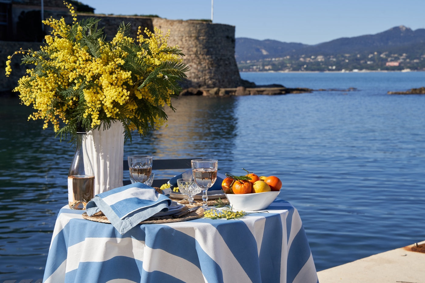  Caravan French Tablecloth St. Tropez Blue Stripes - 59 x 59 - Square - Seats 2-4 - Bonton
