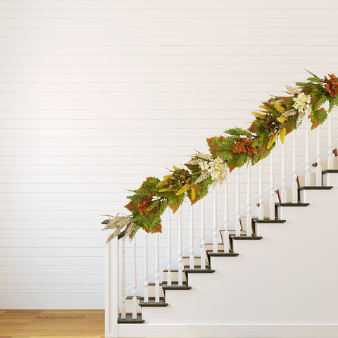 5' X 10" Flowers With Wheat Artificial Fall Harvest Garland  Unlit