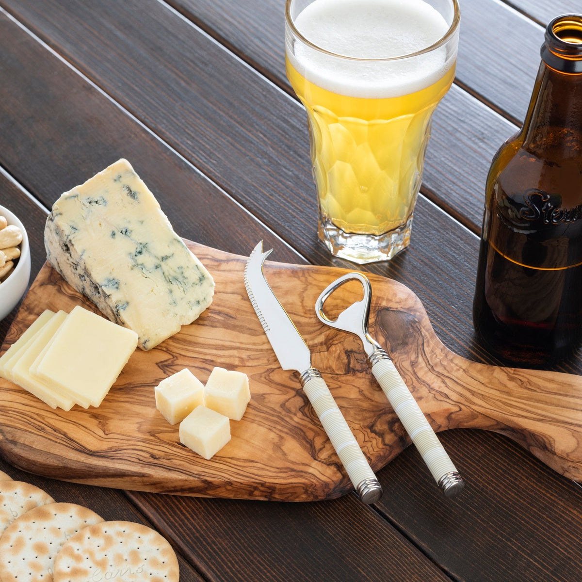  French Home Jubilee Cheese Knife, Bottle Opener and Olive Wood Board Set - Shades of Light - Default Title - Bonton