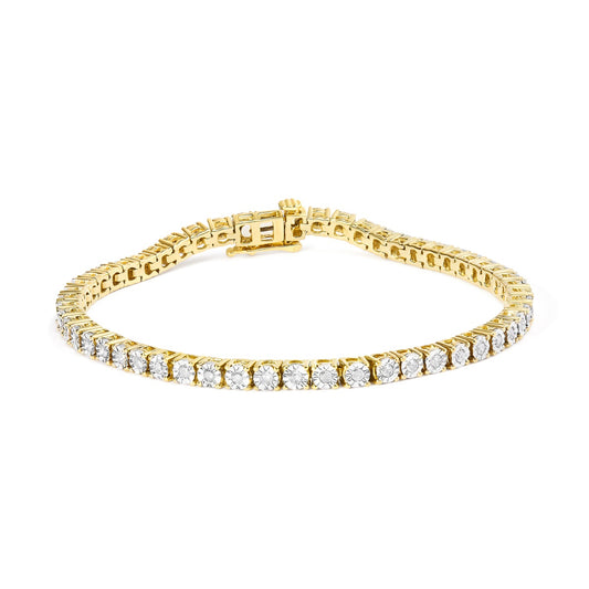 10K Yellow Gold Plated .925 Sterling Silver 1.0 Cttw Miracle-Set Diamond Round Faceted Bezel Tennis Bracelet (I-J Color, I3 Clarity) - 6"