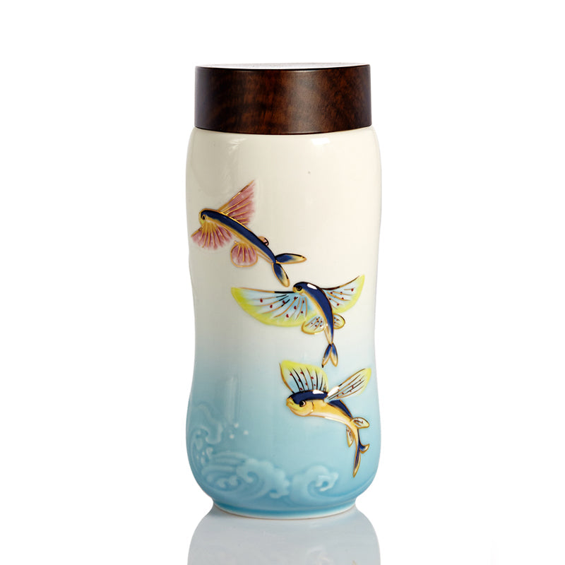  Acera The Joy of Fish Travel Mug ( Double Wall ) - White with Red Fishes (Hand- painted) - Bonton