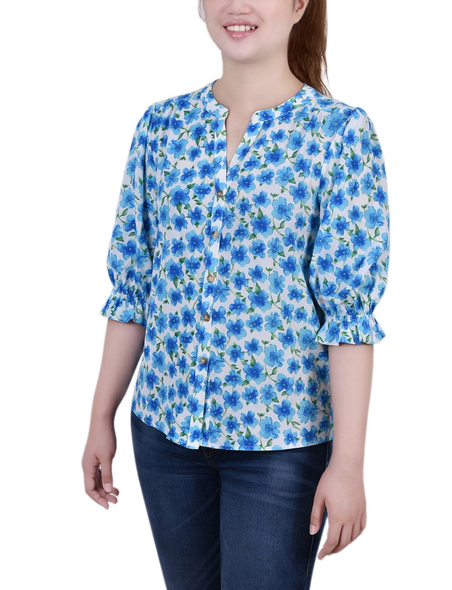  NY Collection Petite Elbow Sleeve Y Neck Blouse - Ivory Brushed - Bonton